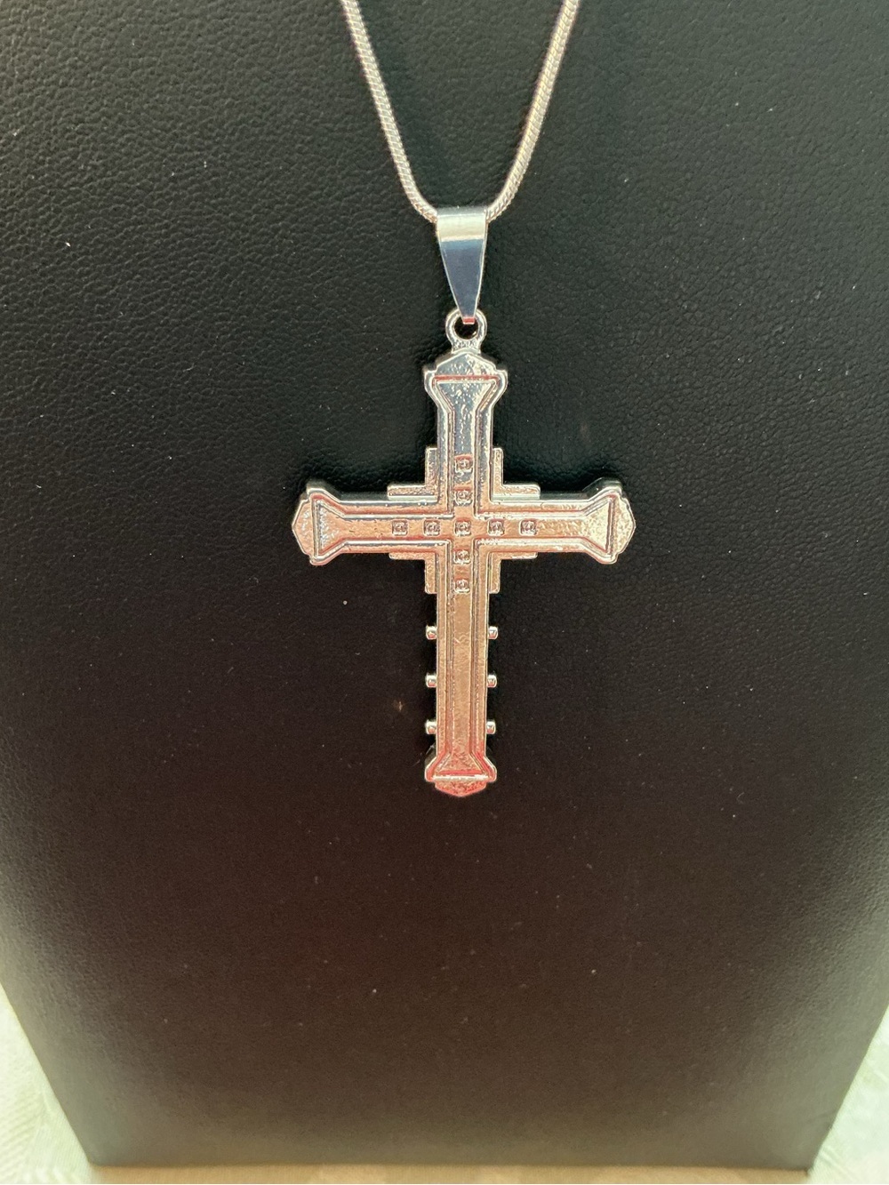 Black Agate and Rhinestone Latin Cross Silver Tone Pendant Necklace - Picture 3 of 4